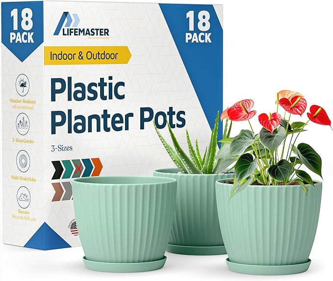 Mint 6-Inch Plant Pots with Drainage & Saucers 18 Pack, Indoor & Outdoor Planters for Houseplants, Herbs, and Flowers, Durable & Weatherproof Material, Stackable, Lightweight, Minimalist Design