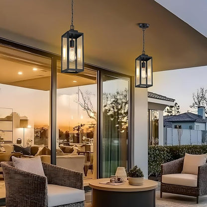 15'' Large Outdoor Pendant Light, Modern Outside Chandelier Outdoor Hanging Lantern Light, Matte Black with Clear Glass, Exterior Pendant Lighting Fixture Ceiling Mount for Porch, Gazebo, 1Pack