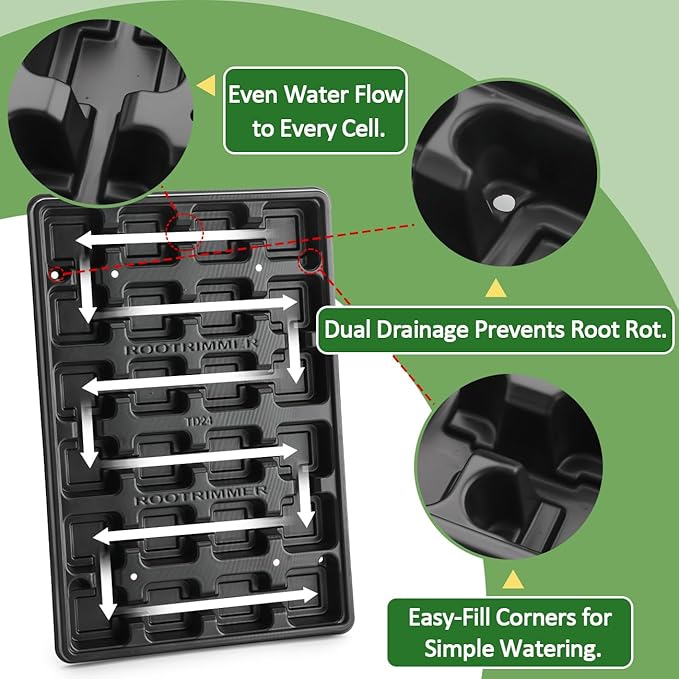 24 Cell Nursery Pots Trays 10 Pack (17"x11"x1.6"), Reusable Plastic Plant Pot Tray with Drain Holes, Carrying Seed Starter Tray for Holding 2.8 inch (7CM) Square Nursery Pots (Black)