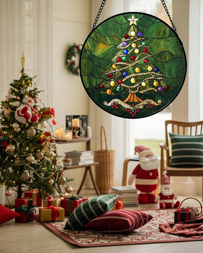 Stained Glass Window Hanging - Green Christmas Tree with Colorful Lights Suncatcher for Doors Home Christmas Decoration Sun Catcher Thanksgiving New Year Birthday Gifts for Women Men Mom Nana 9.8 in