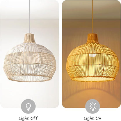 Arturesthome 23.6" White Rattan Pendant Light for Kitchen Island Sink, Wicker Chandelier, Handwoven Hanging Ceiling Light Lampshade for Dining Room Bedroom