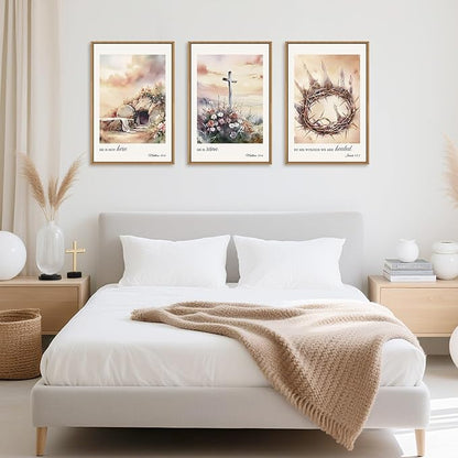 Ausril 3 Pcs Christian Cross Framed Wall Art Set, Jesus Empty Tomb Canvas Decor, Christian Religious Bible Painting, Jesus Crucifixion Risen Easter Print for Living Room, Bedroom, Church 24X36inch