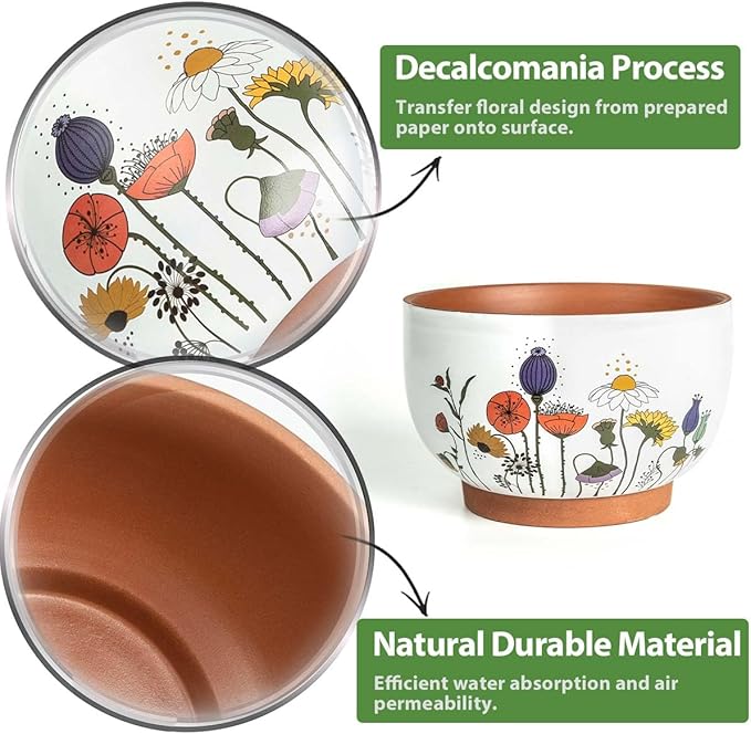 YBX 8 Inch & 6 Inch Terracotta Plant Pots, Flower Pots for Indoor Plants with Drainage, Planters with Floral Accent for Indoor Plants (French Country)