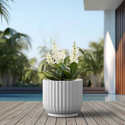 Kante Round Fulted Planter, 16.7 Inch Dia Large Concrete Plant Pots with Drainage Hole and Rubber Plug, Modern Decor for Indoor Outdoor Plants, Flower, White