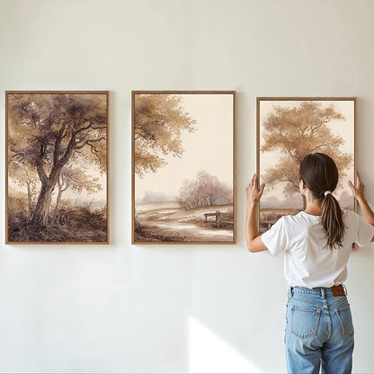 Rantodecor Vintage Landscape Framed Canvas Wall Art Triptych, Rustic Tree Sketch Wall Decor, Large Claming Nature Forest Art Paintings, Modern Relax Farmhouse Artwork for Bedroom Living Room 16"x24"x3