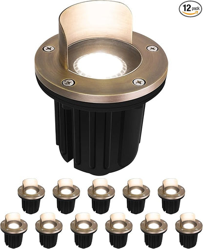 GKOLED LED Brass Well Lights, 12V IP67 Waterproof Outdoor In Ground Light with MR16 Bulb and Swival Base, Low Voltage Landscape Lighting, 5W 370LM 2700K, Up Light for Garden, Shielded Top, 12 Pack