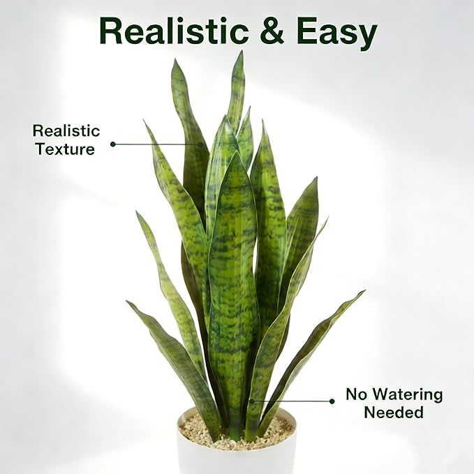 Fake Snake Plant, 27in Fake Plant with White Pot Realistic Leaves, Low Maintenance Artificial Potted Plants for Indoor Decor, No Watering Needed, Perfect for Home, Office & Pet Areas