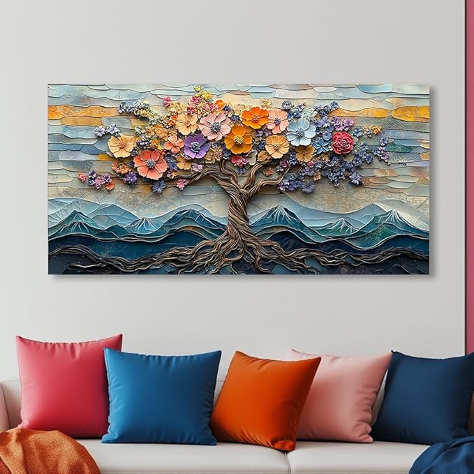 Floral Flower Tree Canvas Wall Art Colorful Tree of Life Painting Prints for Living Room Colorful Abstract Blooming Tree Flower Pictures Wall Décor Bedroom Farmhouse Home Decor Ready to Hang (16x32 Inches)
