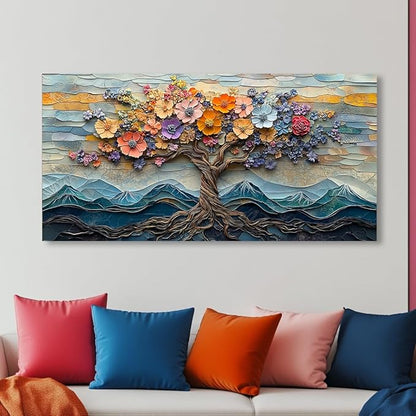 Floral Flower Tree Canvas Wall Art Colorful Tree of Life Painting Prints for Living Room Colorful Abstract Blooming Tree Flower Pictures Wall Décor Bedroom Farmhouse Home Decor Ready to Hang (30x60 Inches)
