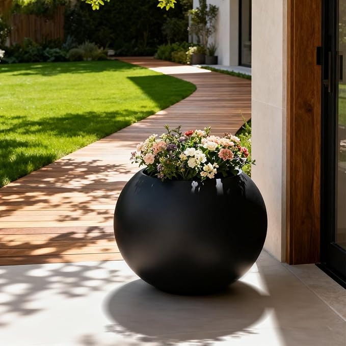 15.8”Dx12.2”H Lightweight Durable Modern Plastic Sphere Planter with Drainage Hole & Rubber Plug Weather Resistant,Planters for Indoor Plants & Outdoor,Large Plant Pot,(black, 10.4" Pot Opening)