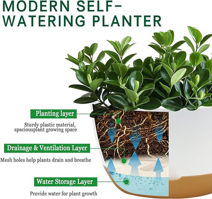 8/10/12 Inch Pots for Indoor Plants, Large Self Watering Planters with Drainage and Saucers, Plastic Outdoor Flower Pot, Set of 3, White