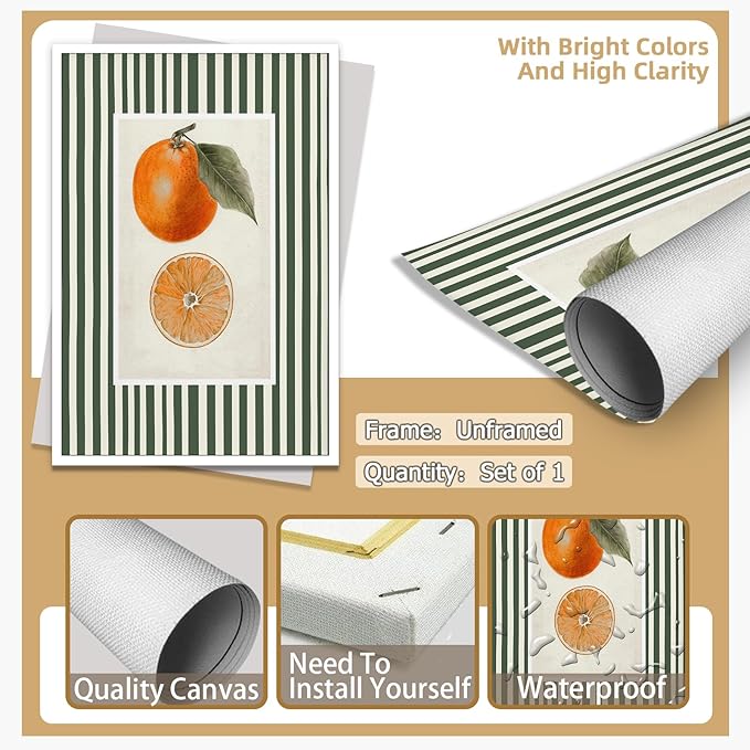 Vintage Green Striped Orange Fruit Canvas Wall Art Modern Farmhouse Botanical Kitchen Food Prints Posters Minimalist Colorful Aesthetic Pictures Boho Decor for Bedroom Restaurant 16x24inch Unframed