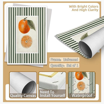 Vintage Green Striped Orange Fruit Canvas Wall Art Modern Farmhouse Botanical Kitchen Food Prints Posters Minimalist Colorful Aesthetic Pictures Boho Decor for Bedroom Restaurant 16x24inch Unframed