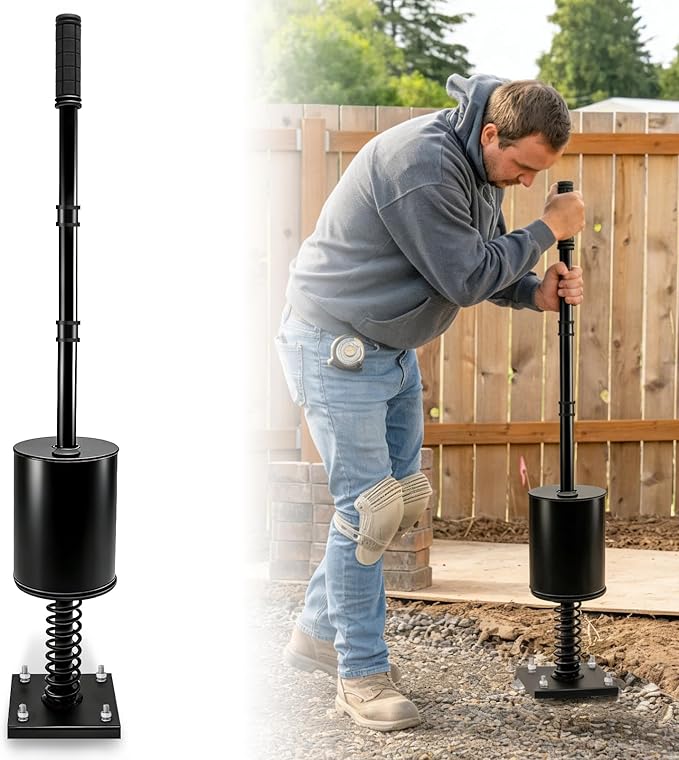 Heavy Duty Steel Tamper Tool with 51 Inch Adjustable Handle, Fillable Base, Buffer Spring, Steel Tamper for Efficient Leveling Soil, Asphalt, Driveways, Landscaping, Yard, Sand, Driveway