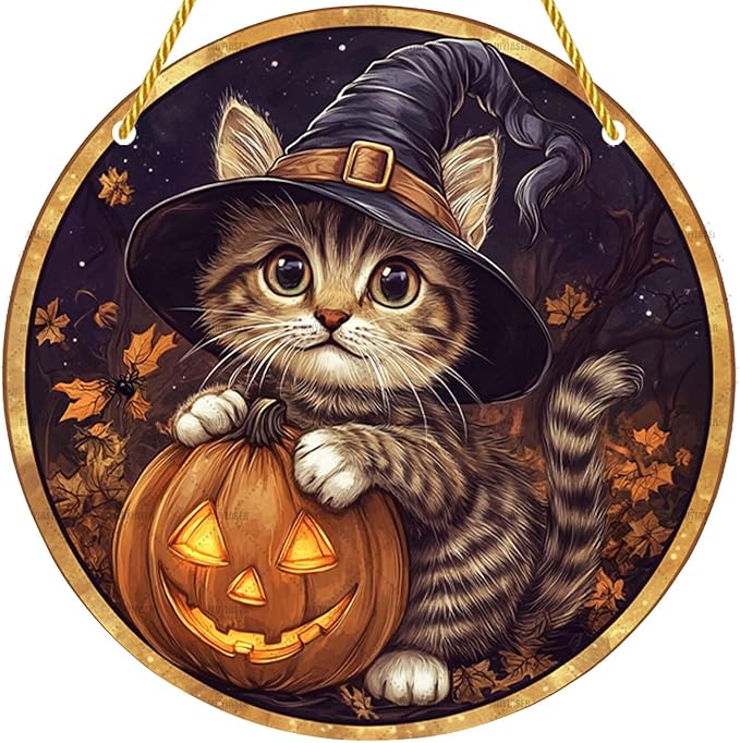 Acrylic Window Hanging Pumpkin Wizard Cat Stained Panel Window Decoration for Halloween Decorations Outdoor Indoor Garden Yard Home Halloween Decor 8 Inch