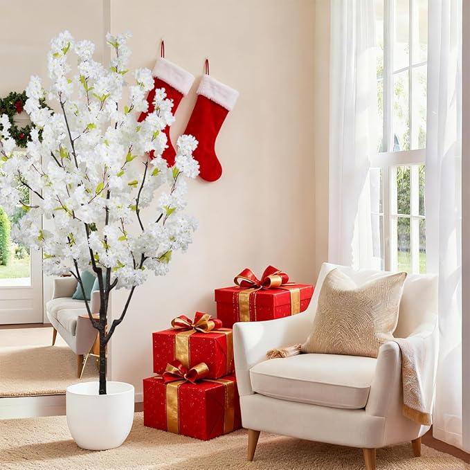 Indoor Cherry Blossoms Tree White Artificial Cherry Blossom Tree 6FT Faux Bedroom Trees for Home Christmas New Year Decor