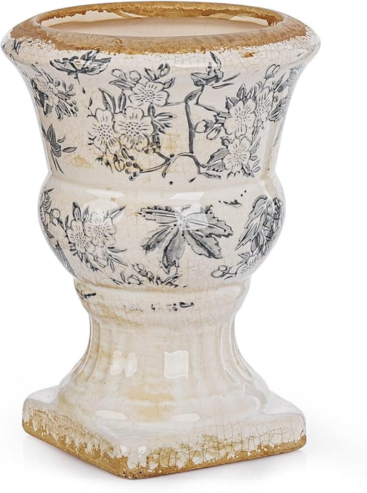 Sungmor Small Ceramic Urn Planter - Grey Scroll Floral Pedestal Flower Pot, Decorative Vintage Chinoiserie Style Planters, Tuscan Accent Vase Indoor Outdoor Plant Holder with Drainage