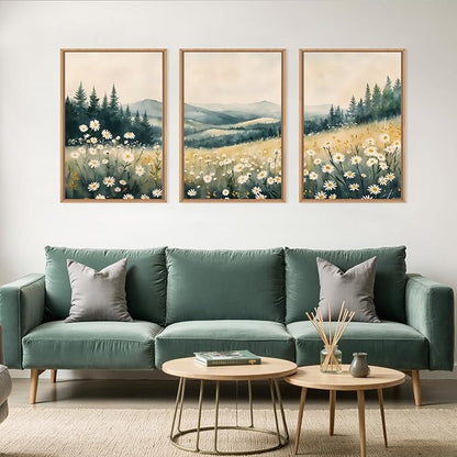Large Misty Mountain Framed Canvas Wall Art,Nature Daisy Flower Wall Decor,Modern Foggy Forest Art Painting,Abstract Woodland Landscape Artwork for Living Room,Bedroom,Dining Room-24"x36"x3