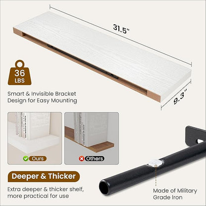 Fun Memories 32 Inch Floating Shelves for Wall, 9 Inch Deep White Rustic Wood Wall Mounted Shelves for Bathroom, Bedroom, Living Room, Set of 2