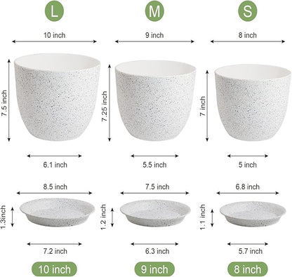 WOUSIWER Plant Pots 10/9/8 inch, Set of 3 Modern Decorative Plastic Planters with Drainage Holes and Saucers for House Plants Indoor Flowers Plants, White Speckles