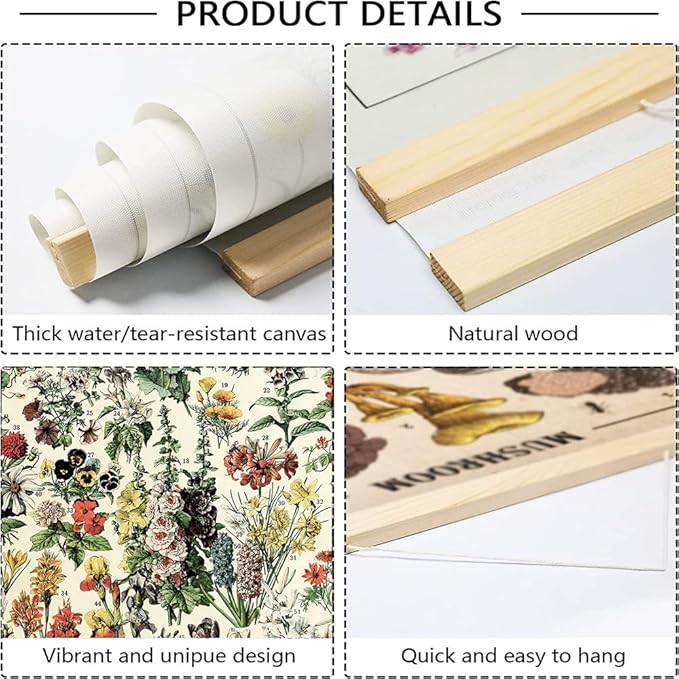 Vintage Flowers Poster Hanger Frame, Plant Floral Reference Chart Wall Decor Cottagecore Room Decor Aesthetic, Retro Style Wall Decor Art Painting Prints. (plant B, 18L x 12W)
