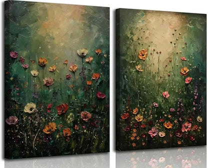 2Psc Vintage Framed Canvas Wall Art Dried Flowers Painting Picture Wall Decor Retro Moody Floral Botanical Poster Print Artwork for Bathroom Bedroom Living Room Gallery Home Decoration