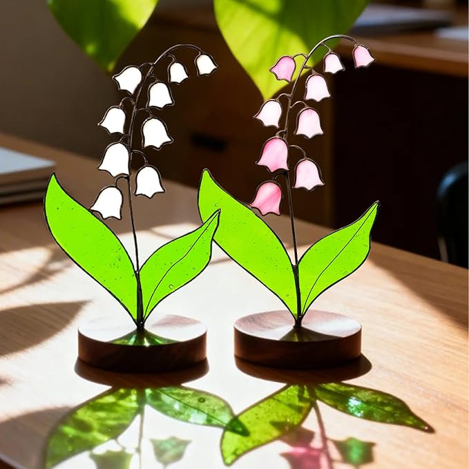 Lily of Valley Stained Glass Decor, Handmade Real Stained Glass Lily of Valley Flower Suncatchers with Walnut Wood Base, Cute Desk Windowsill Decor Plant Gifts for Women,Mom,Plant Lovers (Pink)