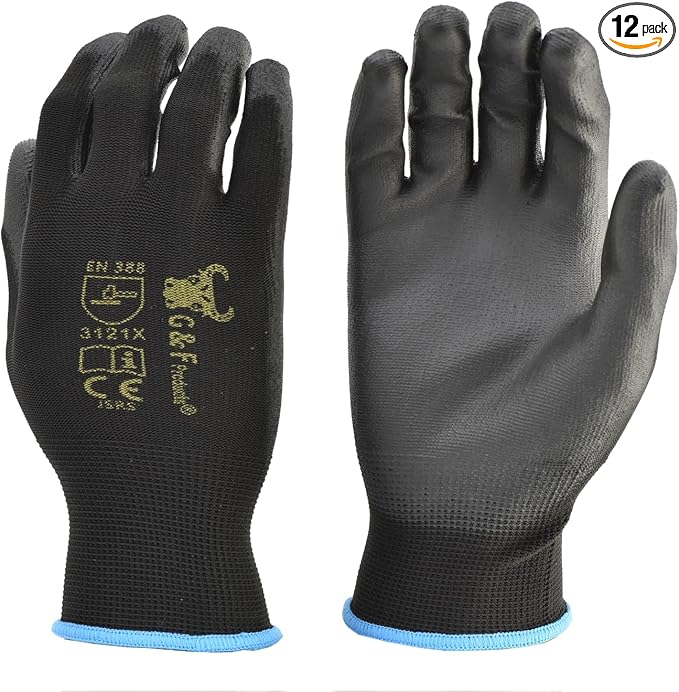 G & F Work Gloves for Men, Lightweight Grip, Polyurethane Coated, Touchscreen Compatible, Flexible & Breathable, Durable Construction, Ideal for Gardening, Mechanics, and General Duty Tasks, 12 Pairs