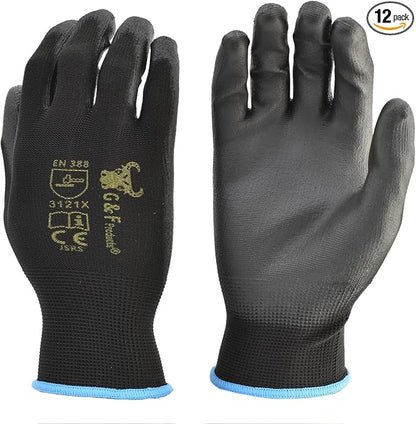 G & F Work Gloves for Men, Lightweight Grip, Polyurethane Coated, Touchscreen Compatible, Flexible & Breathable, Durable Construction, Ideal for Gardening, Mechanics, and General Duty Tasks, 12 Pairs