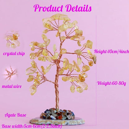 Citrine Healing Crystal Tree of Life Natural Gemstone Agate Slice Base Copper Wire Wrapped Money Trees Feng Shui Reiki Spiritual Energy Decorations Home Office Room Desk Decor Gifts for Women Men