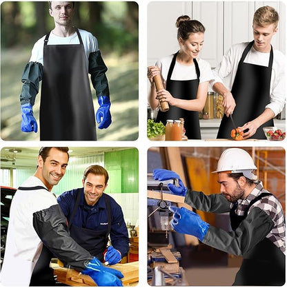2 Pcs Waterproof Rubber Aprons (40 Inch Long) include 1 Pair 22 Inch Chemical Resistant Rubber Gloves - Adjustable Straps for BBQ, Butcher, Cooking, Kitchen, Grilling & Fishing