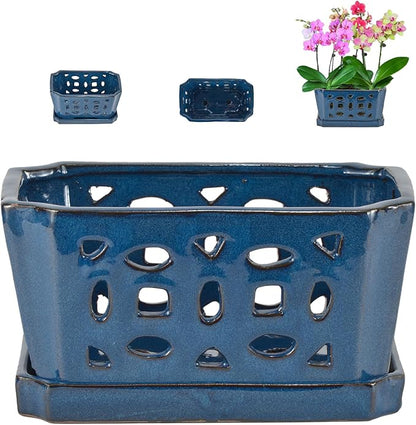 W&W Orchid Pot with Holes and Saucer for Repotting, Blue, 9.7 Inches