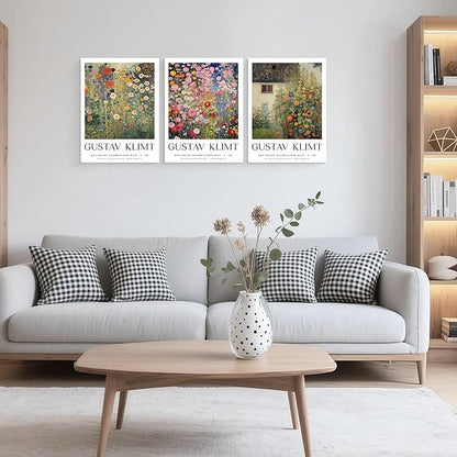Framed Gustav Klimt Canvas Wall Art Colorful Floral Poster Picture Vintage Countryside Painting Nature Landscape Modern Home Print Living Room Gallery Office Ready to Hang 12x16 Inch x3