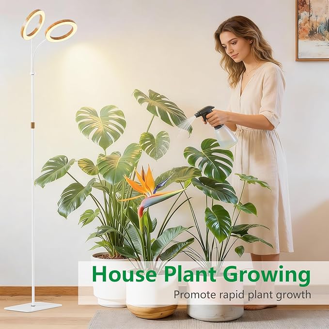 Dual Head Grow Light for Indoor Plants Full Spectrum - Floor Standing Plant Lamp with Auto Timer 6/12/18H, 5-Level Dimmable & Adjustable Height 16.5-68in for Large Tall Plants | Faux Wood Design