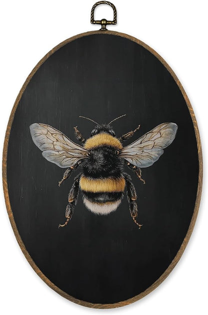 LKETW Vintage Moody Bee Oval Wall Art Decor, Dark Academia Bumblebee Oval Canvas Hanging Decor, Rustic Dark Cottagecore Bee Insect Wall Decorations for Farmhouse Home Living Room, 8.6x11.4 Inch