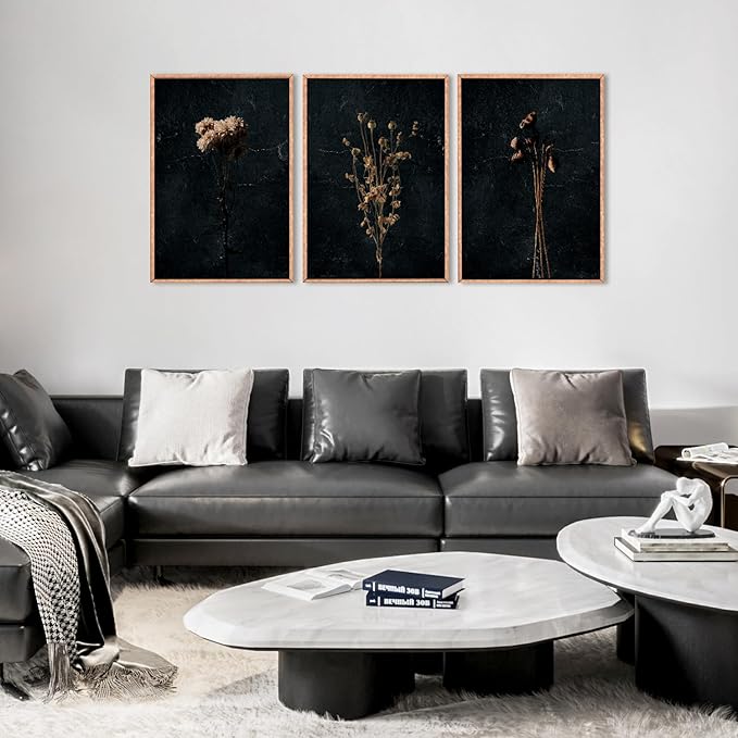 Ausril Moody Dark Orange Floral Framed Canvas Wall Art Set, Minimalist Wildflower Wall Decor, Black Flower Botanical Wall Painting, Modern Art Print for Living Room, Bedroom, Office 16"x24"x3