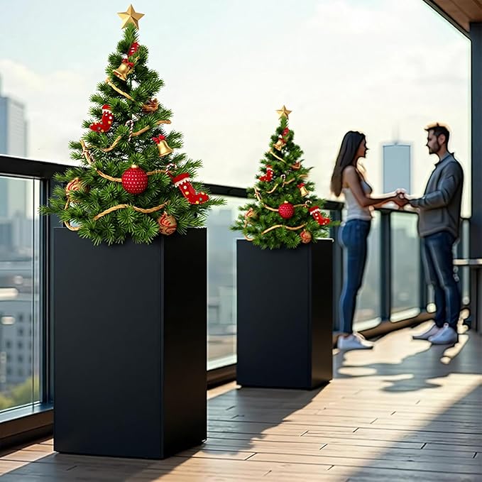 Tall Black Planter 28" Metal Square Large Plant Pots for Indoor Outdoor-Modern Tall Flower Pots for Porch, Patio, Deck, Commercial & Residential(14" Lx14 Wx 28" H)