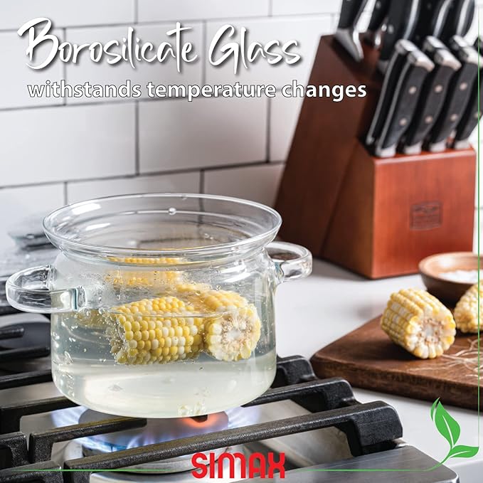 Simax Simmer Pot for Stove Potpourri, 48 Ounce Glass Pots for Cooking on Stove, Clear Pots for Cooking, Glass Cookware, Easy Grip Handles, Oven, Microwave, Stove and Dishwasher Safe Borosilicate Glass