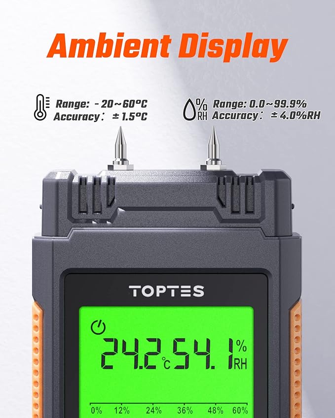 Wood Moisture Meter, TopTes Digital Moisture Meter TS-630, Handheld Humidity Tester with 2.25-inch LCD Display, Tricolor Backlight, Check The Dampness Level on Firewood/Drywall - Orange