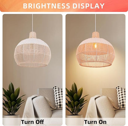 Arturesthome White Handwoven Rattan Boho Pendant Lighting Fixtures, Wicker Hanging Ceiling Light Chandelier, Handmade Woven Basket Lampshade for Kitchen Island
