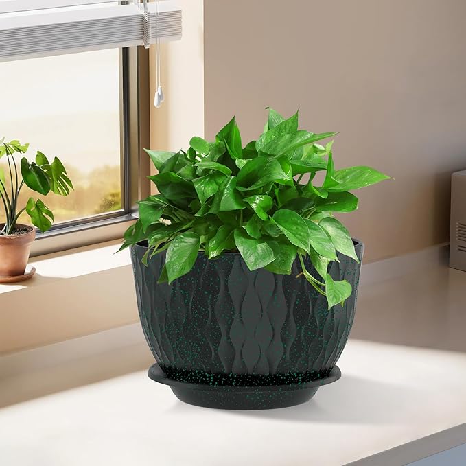 12/10/9 Inch Planter Pots, 3-Pack Large Flower Pots for Indoor Outdoor Garden Plants, Big Plant Pots with Multi Mesh Drainage Holes and Saucer (Black with Green Speckles, 12"+10"+9")