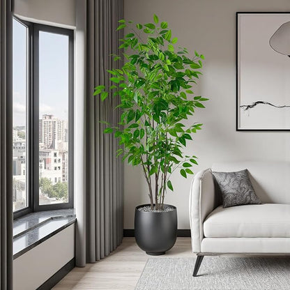 Artificial Ficus Tree with Green Leaves, 5ft Tall, Indoor Plant with Decorative Beige Planter
