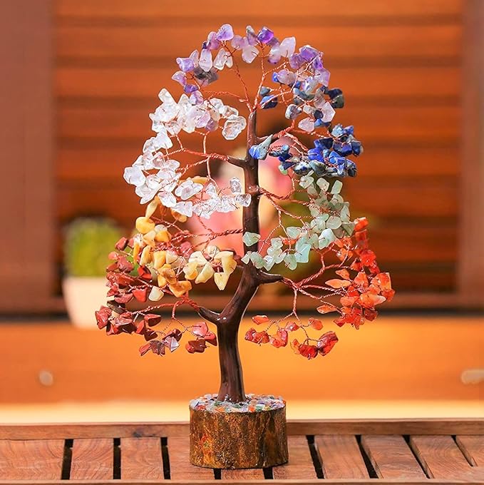 Crocon Chakra Tree of Life Gemstone for Positive Energy Seven Chakra Crystal Tree Healing Stones Feng Shui Money Bonsai Attract Good Luck Home Decoration Ornament Spiritual Gift