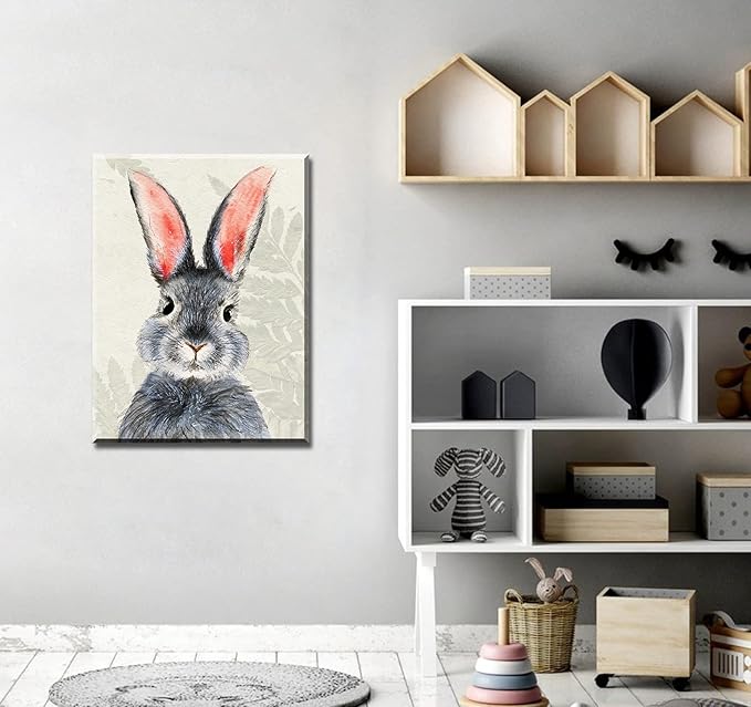 BLINFEIRU Bunny Wall Art Framed Canvas Print, Easter Bunny Poster for Nursery Kids Room Decor, Funny Cute Rabbit Picture, Modern Home Artwork 12x16 Inch