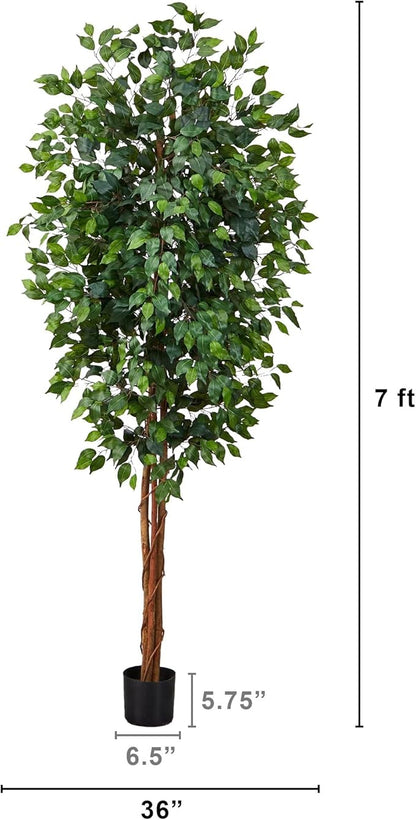 Nearly Natural 7ft Triple Trunk Artificial Ficus Tree with Natural Wood Trunks, Fake Tree for Indoor Home Décor, Faux Ficus Tree with Black Nursery Pot