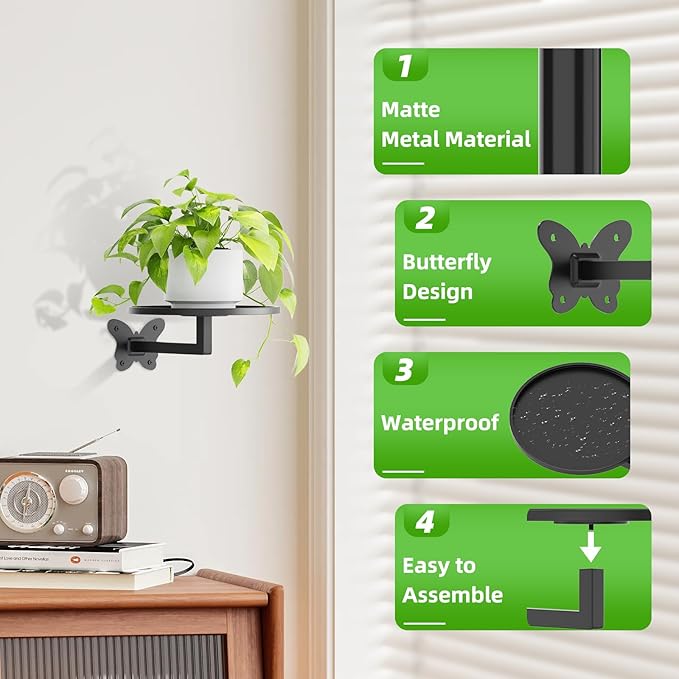 Butterfly Buckle Wall Mounted Plant Shelf 2-Pack Hanging Flower Pot Holder Black Iron Art Space Saving Indoor Balcony Decorative Shelf 5.9 Inch Round Tray Small Potted Plant Organizer Sturdy Bearing for Wall Storage Rack