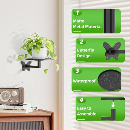 Butterfly Buckle Wall Mounted Plant Shelf 2-Pack Hanging Flower Pot Holder Black Iron Art Space Saving Indoor Balcony Decorative Shelf 5.9 Inch Round Tray Small Potted Plant Organizer Sturdy Bearing for Wall Storage Rack
