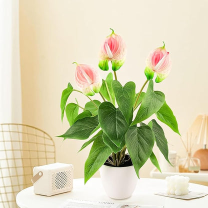 Folmywy Artificial Flower 15 Inch Anthurium Fake Plant Indoor Faux Simulation Tropical Flowers Pink in Plastic Pot Realistic Bonsai Greenery Table Centerpieces Shelf Decor Outdoor Garden