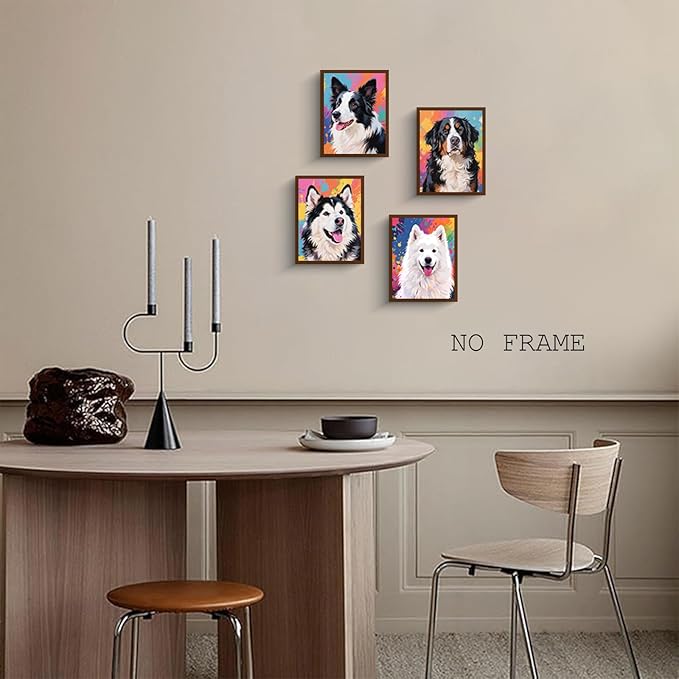 NIIORE Colorful Dog Canvas Wall Art, Pet Printing, Border Collie, Samoyed, Alaskan Malamute, Bernese Mountain Dog Prints, Set of 4, 8x10 Inches Unframed