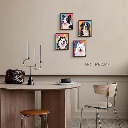 NIIORE Colorful Dog Canvas Wall Art, Pet Printing, Border Collie, Samoyed, Alaskan Malamute, Bernese Mountain Dog Prints, Set of 4, 8x10 Inches Unframed